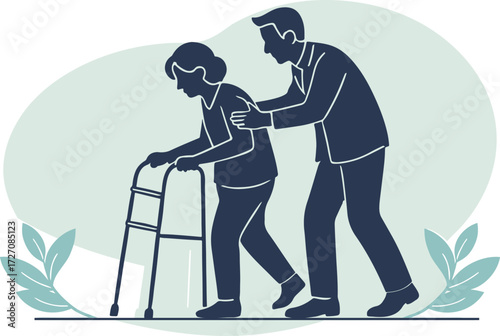 Elderly Woman with a Walker Helped by a Man