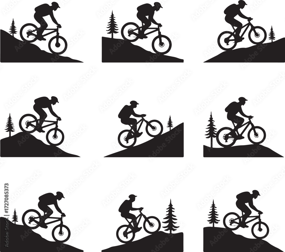 Obraz premium Black silhouette mountain bikers on hills with trees