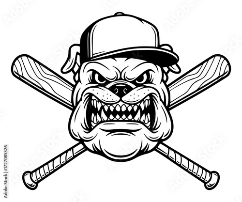Aggressive bulldog wearing a baseball cap with crossed bats, baseball, mascot, sports, dog, aggressive