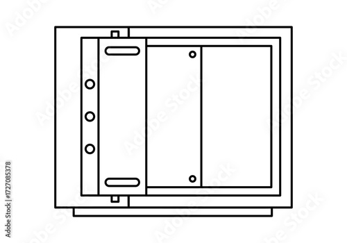Hand drawn cute outline illustration open empty safe. Flat vector strongbox without savings line art sticker doodle. Poverty or crisis icon. Money protection. Bank deposit. Security system. Isolated.