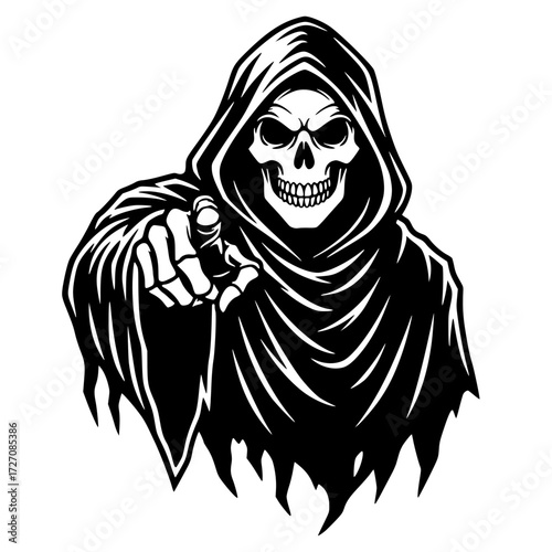 Grim Reaper pointing finger with skull face and hooded cloak, death, horror, Halloween, spooky, gothic