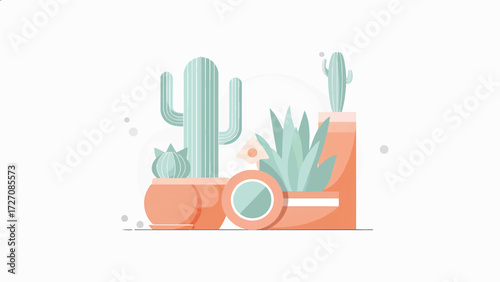 This image is a minimalist vector illustration of indoor potted plants, including succulents, cactus, and leafy houseplants. The design features soft pastel colors in modern decorative pots, creating 