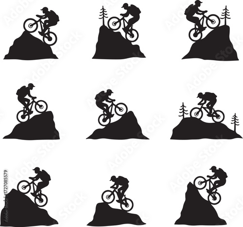 Black silhouette mountain bikers on rocky terrain mountain biking
