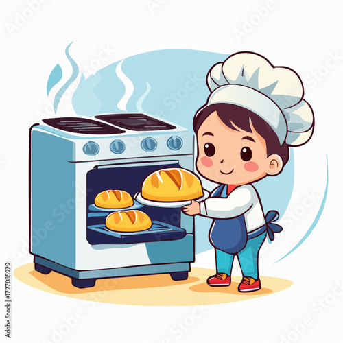 cute baby Bakers placing loaves of bread into oven
