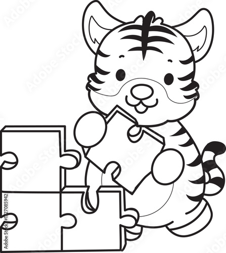 Coloring book of cute tiger character vector clip art for children.  
