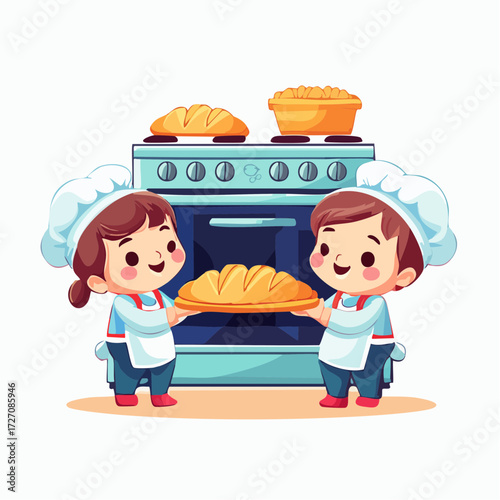 Bakers placing loaves of bread into oven