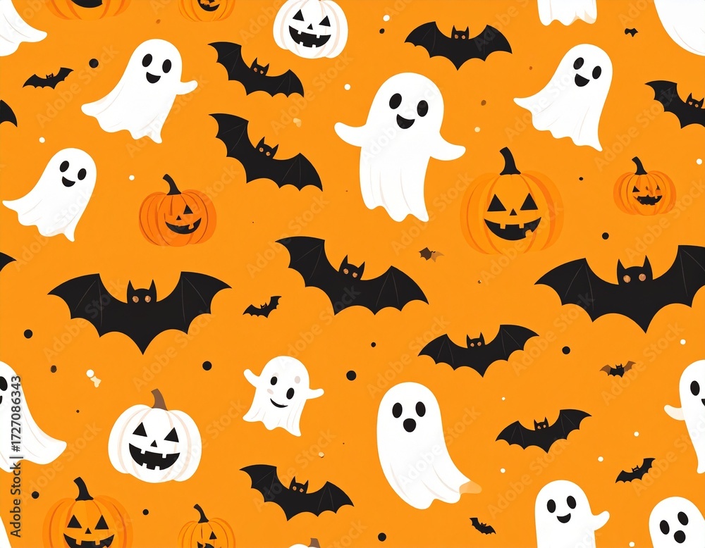 Naklejka premium Seamless Halloween Pattern of Bats, Ghosts, and Pumpkins on Orange Background