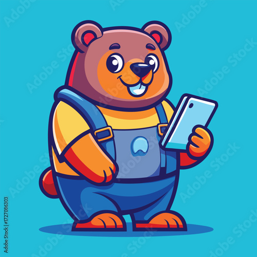 An adorable cartoon bear character dressed in blue overalls and a yellow shirt, happily holding and looking at a smartphone, representing modern technology and playful engagement.