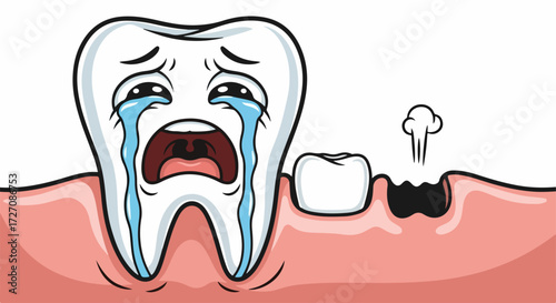 Unhappy tooth cries next to lost tooth. Lost tooth causes pain and sadness for dental health, oral hygiene is vital. Emphasizing importance of proper dental care,