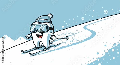 Funny tooth cartoon with telescope and constellations on blue background is for kids, showing dental health awareness. Funny tooth cartoon with telescope and constellations on blue background is cute,