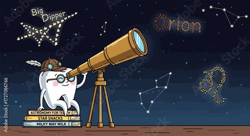 Funny tooth cartoon with submarine under blue water represents dental health with care. Funny tooth cartoon with submarine under blue water shows happy tooth with submerged submarine,