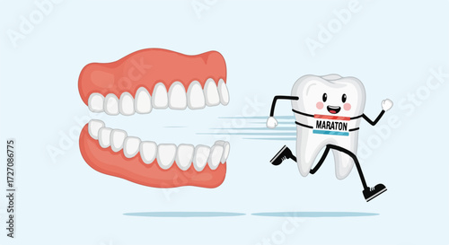 Tooth extraction concept with running tooth escaping from dentures. Tooth extraction prevention shows cute tooth character escaping danger from denture.