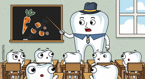 Cartoon tooth in classroom teaches about healthy eating habits with carrot and pieces, cartoon tooth showing vegetables to group of students.