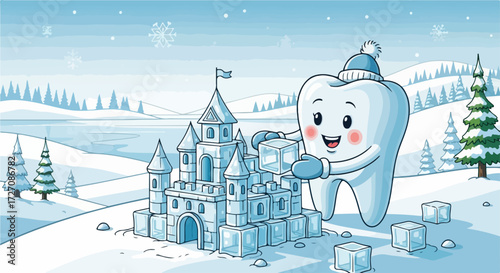 Cartoon tooth building a snow castle on snowy hills during winter season. Snow castle construction includes blocks of ice and festive mood, celebrating winter. Concept snow castle for kids dentistry.