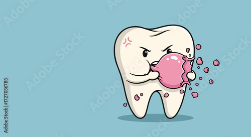Tooth character chewing gum with angry expression, isolated on blue background. Depicting tooth character's struggle with chewing gum, creating a comical and educational visual.