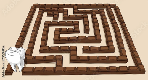 Chocolate maze presents a sweet challenge for tooth, with its labyrinthine pathways and irresistible allure. This intricate chocolate maze symbolizes temptation, while tooth tries to navigate,