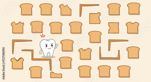 Cartoon tooth escapes from toast labyrinth, depicting oral health problems. Funny tooth escapes from difficult toast maze, highlighting concept of diet for healthy teeth.