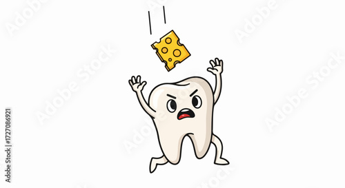 Tooth decay illustration with cheese falling on stressed tooth character. Funny tooth decay prevention graphic represents dental health issues, shows dental health risks.