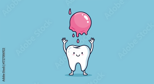 Cartoon tooth character with melting ice cream above its head. Cartoon tooth enjoys sweet treat but faces dental risk. Enjoy cartoon tooth as metaphor for sugary treats and dental health,