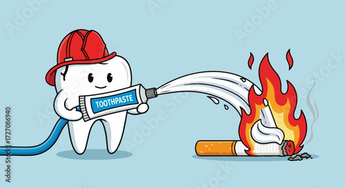 Fire safety with funny tooth character extinguishing cigarette fire with toothpaste. Funny tooth character animation helps communicate need for good dental hygiene to protect enamel.