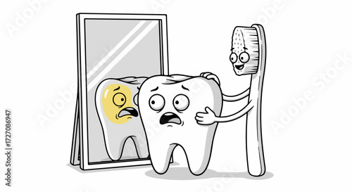 Cartoon tooth character looks in mirror reflecting stains, showing need for proper dental care. Cartoon tooth sees plaque and discoloration and feels sad with toothbrush supporting tooth.