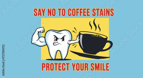 Say no to coffee stains with this image featuring angry molar defending against coffee. The coffee stains concept promotes tooth health and hygiene,