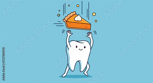 Illustrated tooth character lifting slice of pumpkin pie, delicious holiday dessert. Tooth protects itself against sugary sweet food.