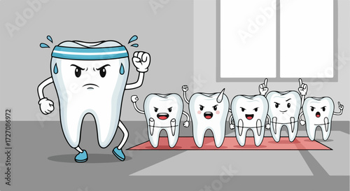 Exercising teeth, showing funny teeth doing aerobics, demonstrating healthy routine. Teeth doing fitness for healthy hygiene includes exercising teeth to maintain oral wellness and prevent diseases.