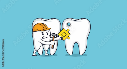 Cartoon tooth repair with a hammer and wrench, dental hygiene illustrated. Cartoon tooth repair shows one tooth fixing another with tools, an amusing visual about oral health.