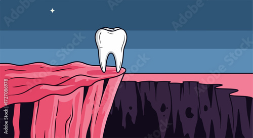 Single tooth stands on precipice of dental health, highlighting oral hygiene. Single tooth and bleeding gums symbolize a critical point in dental health, needing dental care.