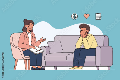 A therapist consults with a patient, discussing mental health and well-being on a couch.