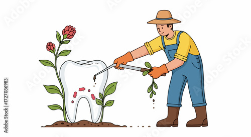 Dentist is gardening, maintaining healthy tooth with tool, showing tooth care and wellness. Effective tooth care involves dentist using gardening shears to prune leaves growing from tooth.