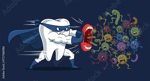 Superhero tooth protecting mouth, safeguarding against germs with unwavering defense, showcasing dental health. Superhero tooth character demonstrates strength, dental hygiene,
