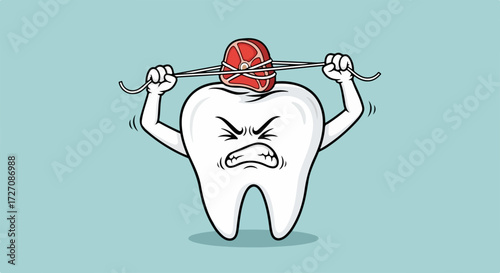 Cartoon tooth character struggling with meat stuck between enamel, struggling tooth after enjoying unhealthy foods. Cartoon tooth is visibly in pain with meat, which shows sensitivity.
