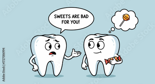 Cartoon teeth with dental advice and candy, a humorous illustration. Cartoon teeth characters debate sweets with one tooth holding candy and another giving advice, humorous and playful.