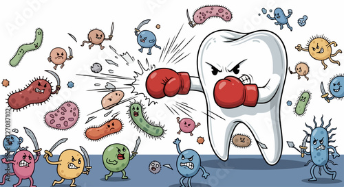 Tooth decay defense illustration, with strong tooth in boxing gloves fighting against bacteria. Tooth decay defense shows tooth protection against harmful germs with angry expression.