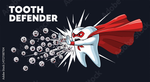 Tooth defender fights against germs. Tooth defender with mask and red cape protecting from bad bacteria is a strong concept.