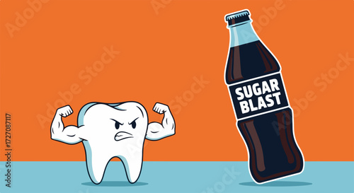 Sugar consumption illustrated by strong tooth character versus sugar blast soda bottle. Unhealthy sugar consumption is shown by a cartoon tooth flexing muscles,