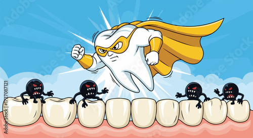 Cartoon tooth superhero protects against dental caries, preventing cavities. Cartoon tooth demonstrates powerful stance, battling against dark microbes, keeping teeth healthy.