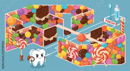 Conceptual tooth decay prevention with tooth navigating sweets maze. Tooth decay prevention is difficult, illustrated by complex maze full of candies and chocolates.