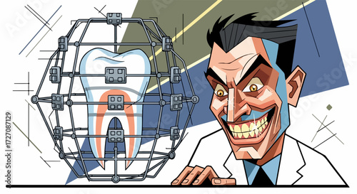 Orthodontist illustration showing evil doctor with tooth. Evil doctor with tooth in metal construction, drawing in background, dental braces concept. Orthodontist illustration symbolizes dentistry.