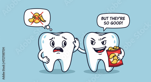 Cartoon teeth illustration showing dilemma, temptation, and consequences, focusing on dental health. Cartoon teeth character holding junk food tempts sad tooth, showing harm of bad habits.