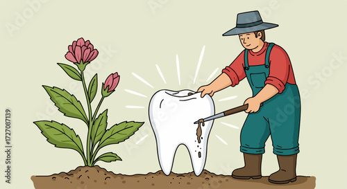 Dental care illustration with decayed tooth being worked on beside a flower. This dental care illustration depicts a person in overalls tending to tooth decay beside thriving plant,