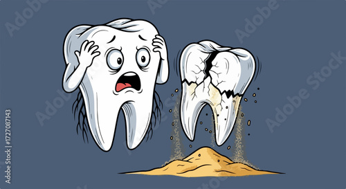 Cartoon tooth expressing pain beside decayed molar, portraying oral health. Cartoon tooth reflects concept of dental hygiene with teeth problems and cavity.