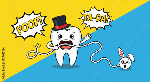 Dental health concept with cartoon tooth magically pulling string. Dental health concept illustrated by cartoon tooth character pulling a magic trick and producing a rabbit.