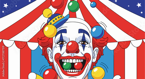 Clown Juggling colorful balls at circus tent, playful scene. Clown juggling performance with props for family entertainment, clown juggling in action. Carnival circus theme, fun clown juggling,