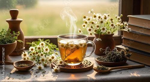 Relaxing herbal tea scene with chamomile flowers and vintage books enhancing cozy atmosphere