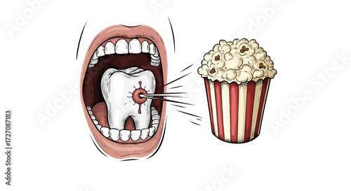 Popcorn in tooth, an open mouth displaying pain in tooth with popcorn stuck. Annoying popcorn stuck sensation, dental health issue, toothache and discomfort.