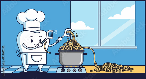 Tooth chef character cooking pasta, preparing delicious spaghetti in kitchen. Cute tooth chef character cooking spaghetti, standing near stove.