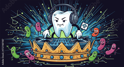 Tooth dj mixing music with cartoon germs characters around, wearing headphones, set on turntable and crown. Tooth dj is a funny, quirky depiction of music and bacteria.
